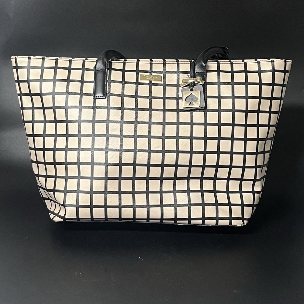 Kate Spade New York Grid Print Saffiano Leather Tote Bag Black Cream PXRU5135